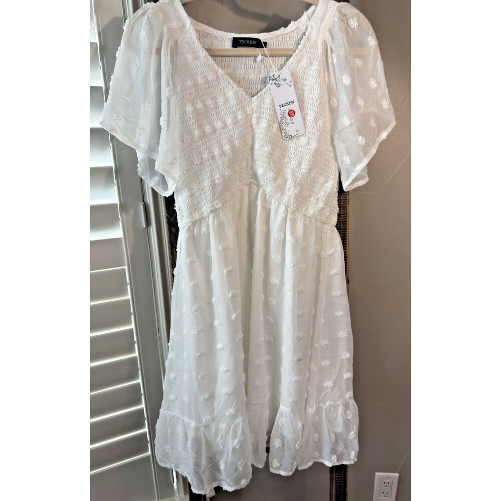 Womens Medium Smocked Short Sleeve V Neck Mini Dress Summer Swiss Dot Flowy NWT